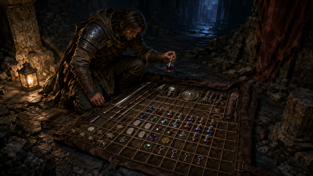 Expanded Inventory 13x8 for D2RMM with an adventurer organizing equipment in a large travel pack