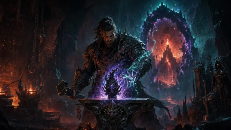 Original illustration for the Annihilus listing: a hero forges a relic with teal and violet rift energy before a volcanic dungeon
