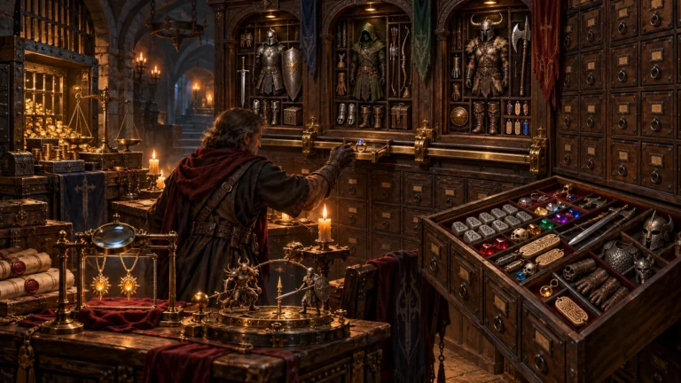 ATMA visualized as a candlelit archive with separate character inventories, organized item drawers, a gold bank, duplicate detector, and drop calculator.