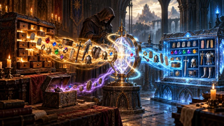 ATMA Stash to D2R Converter visualized as a crystal mechanism transferring organized equipment from a legacy archive into a modern shared vault.