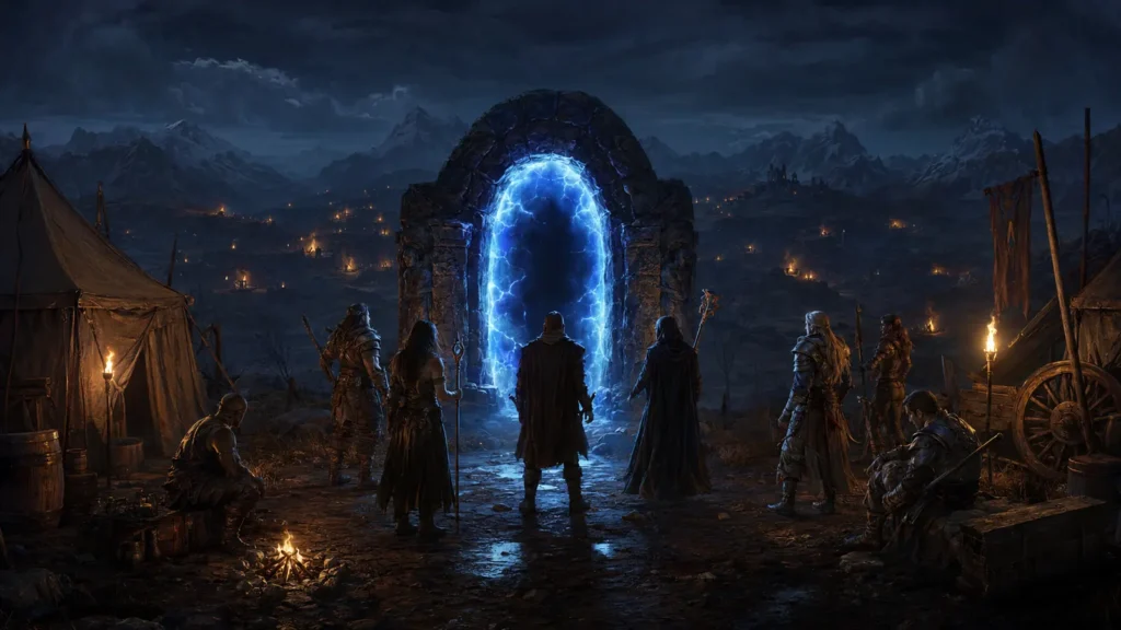 Original illustration for the Battle.net Classic listing: veteran adventurers reunite around a blue gateway in a frontier encampment
