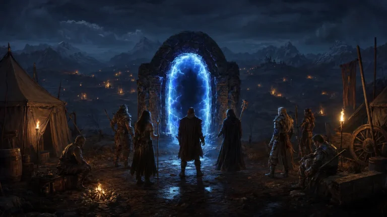 Original illustration for the Battle.net Classic listing: veteran adventurers reunite around a blue gateway in a frontier encampment