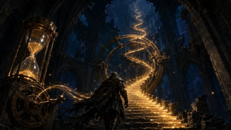 Better Experience and Leveling D2RMM represented by an adventurer climbing an extended glowing staircase controlled by an hourglass