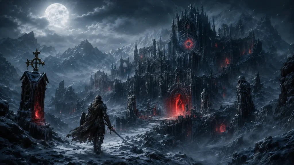 Original illustration for the Blizzless listing: a lone wanderer approaches an icy ruined fortress with crimson portals