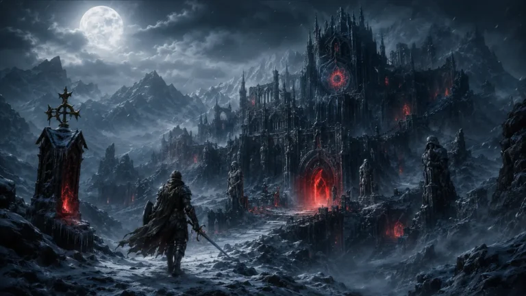Original illustration for the Blizzless listing: a lone wanderer approaches an icy ruined fortress with crimson portals
