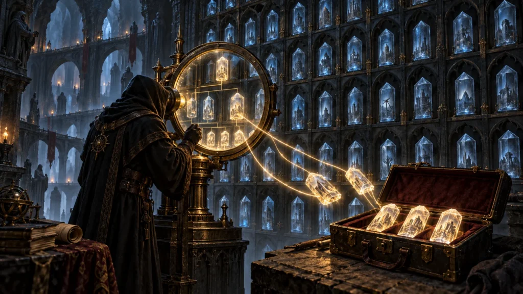 CascView visualized as a hooded archivist browsing a crystal data archive and extracting selected records without altering the original storage.