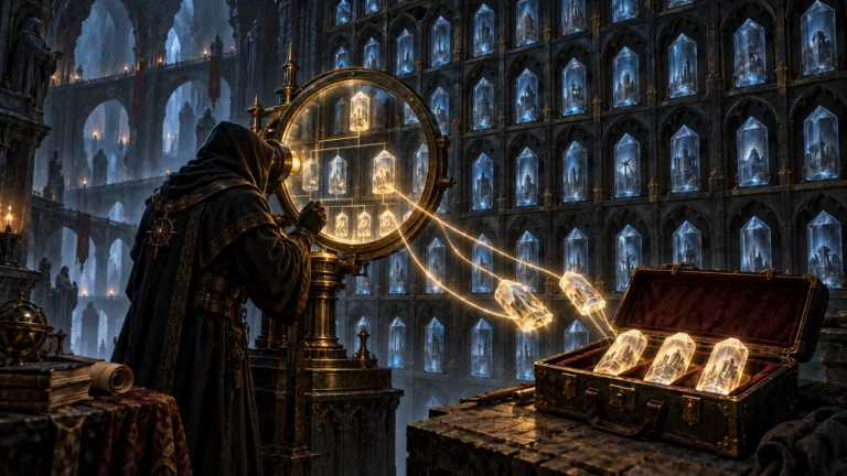 CascView visualized as a hooded archivist browsing a crystal data archive and extracting selected records without altering the original storage.