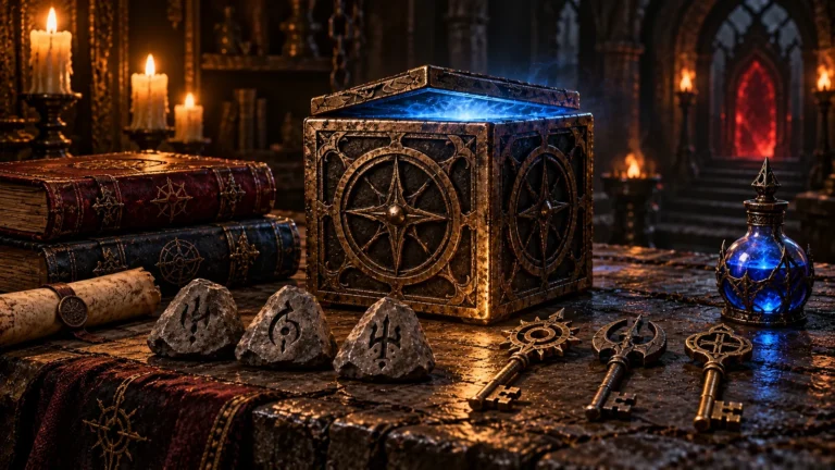 A glowing Horadric Cube surrounded by rune stones, ornate keys, ancient tomes and a blue mana vial on a candlelit workbench.