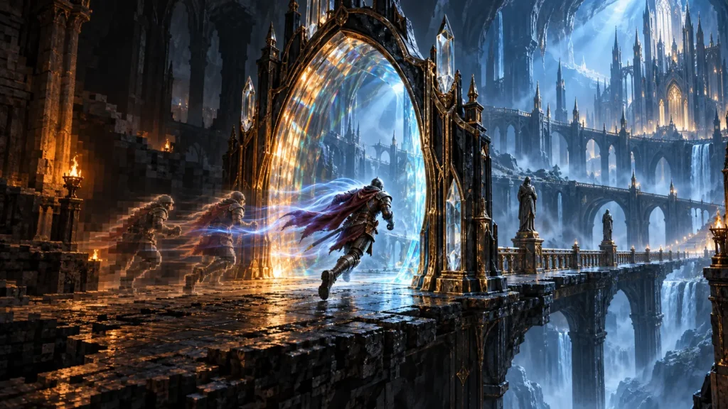 A fantasy warrior passes through a crystal rendering arch that transforms a narrow, fragmented dungeon into a smooth widescreen environment.