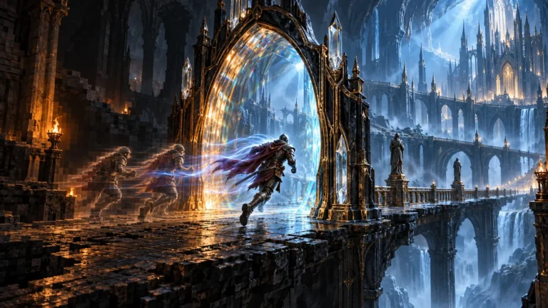 A fantasy warrior passes through a crystal rendering arch that transforms a narrow, fragmented dungeon into a smooth widescreen environment.