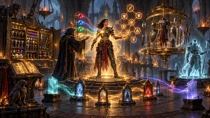 D2Emu Hero Editor visualized as an arcane workshop for creating a hero, selecting skills and equipment, and managing character saves and stashes.
