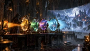 D2GL visualized as a sequence of magical crystal filters that upscale and enhance a classic dark-fantasy scene.