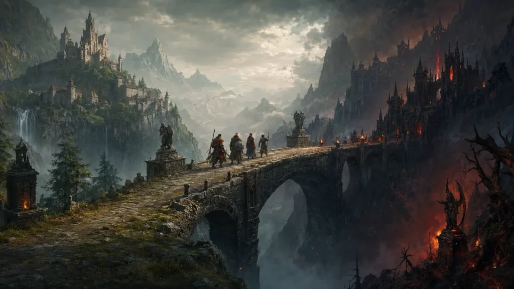 Original illustration for the D2LoD.net and D2Realm listing: adventurers cross a bridge between an orderly realm and a darker one