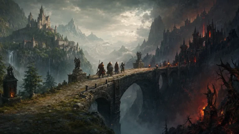 Original illustration for the D2LoD.net and D2Realm listing: adventurers cross a bridge between an orderly realm and a darker one
