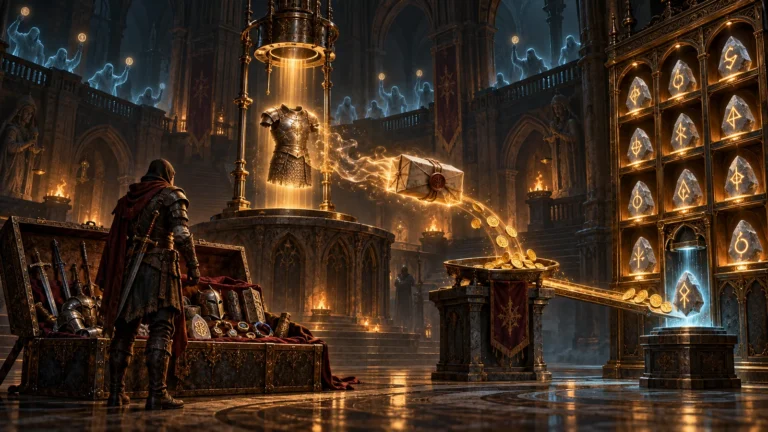 D2R Marketplace visualized as an offline auction hall that converts items from a shared stash into tokens used to purchase runes.