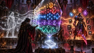 D2R Reimagined Hero Editor visualized as a magical prism that rebuilds a standard character record using modified skills, equipment, quests, and inventory data.