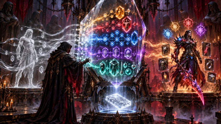 D2R Reimagined Hero Editor visualized as a magical prism that rebuilds a standard character record using modified skills, equipment, quests, and inventory data.