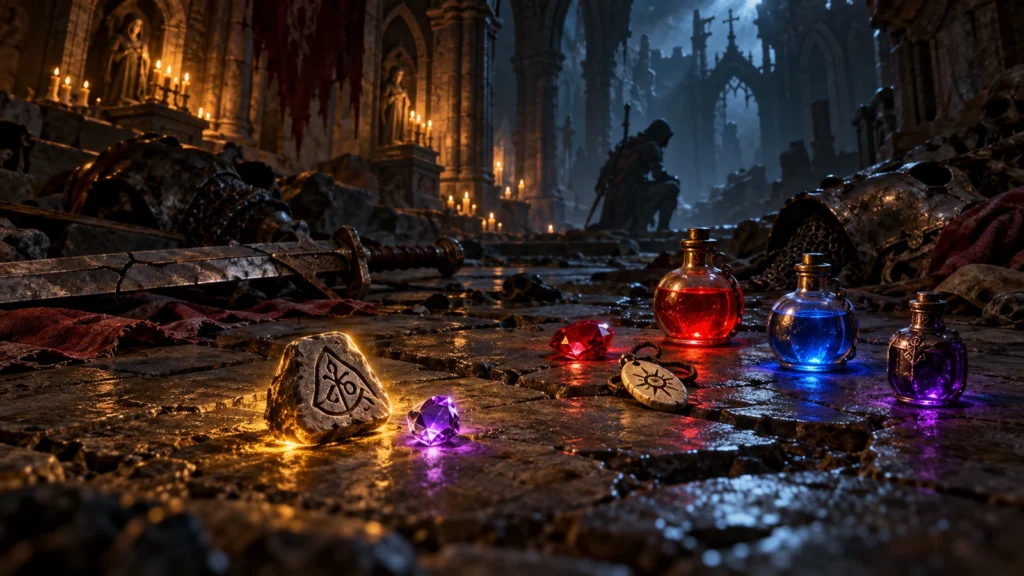 D2R Simple Loot Filter illustrated with clearly highlighted loot and damaged equipment fading into dungeon shadows.