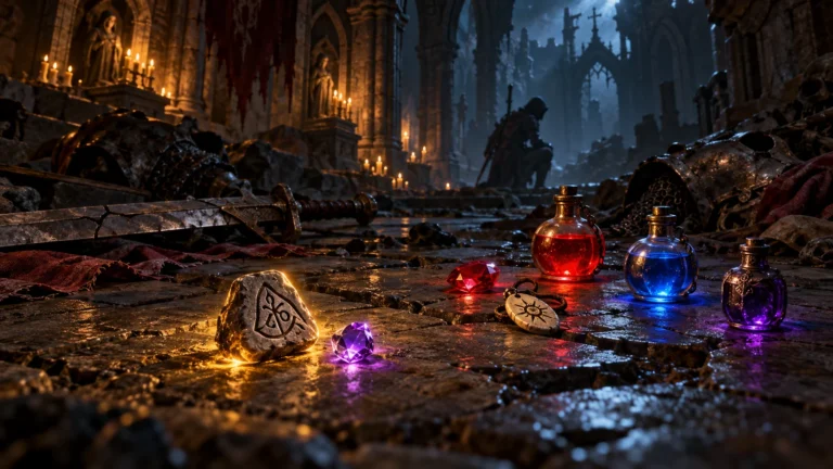 D2R Simple Loot Filter illustrated with clearly highlighted loot and damaged equipment fading into dungeon shadows.