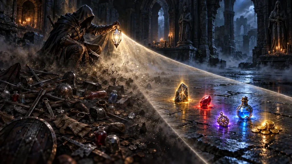 A fantasy adventurer filters cluttered dungeon loot into clearly highlighted runes, charms, potions, and gold.