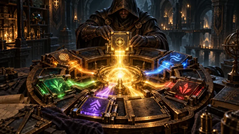 A hooded artificer operates a gothic circular mechanism that combines several colored modification modules into a unified core.