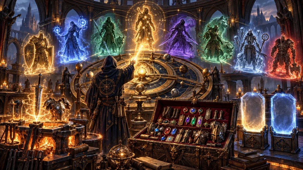 A hooded rune scholar selects a premade hero archetype using a vast astrolabe surrounded by skills, equipment, and shared storage.