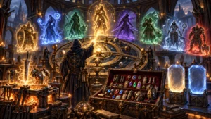 A hooded rune scholar selects a premade hero archetype using a vast astrolabe surrounded by skills, equipment, and shared storage.