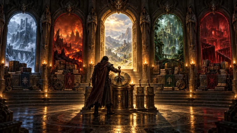 D2SE Modmanager visualized as a gothic hall containing isolated mod worlds, separate version archives, and a central launch selector.
