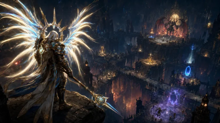 Original illustration for the D2TM listing: a celestial guardian with gold and blue spectral wings overlooks a multi-level dungeon
