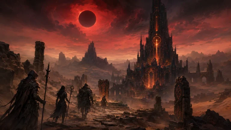 Original illustration for the DarkSide listing: explorers approach desert ruins and an infernal tower beneath a blood-red eclipse