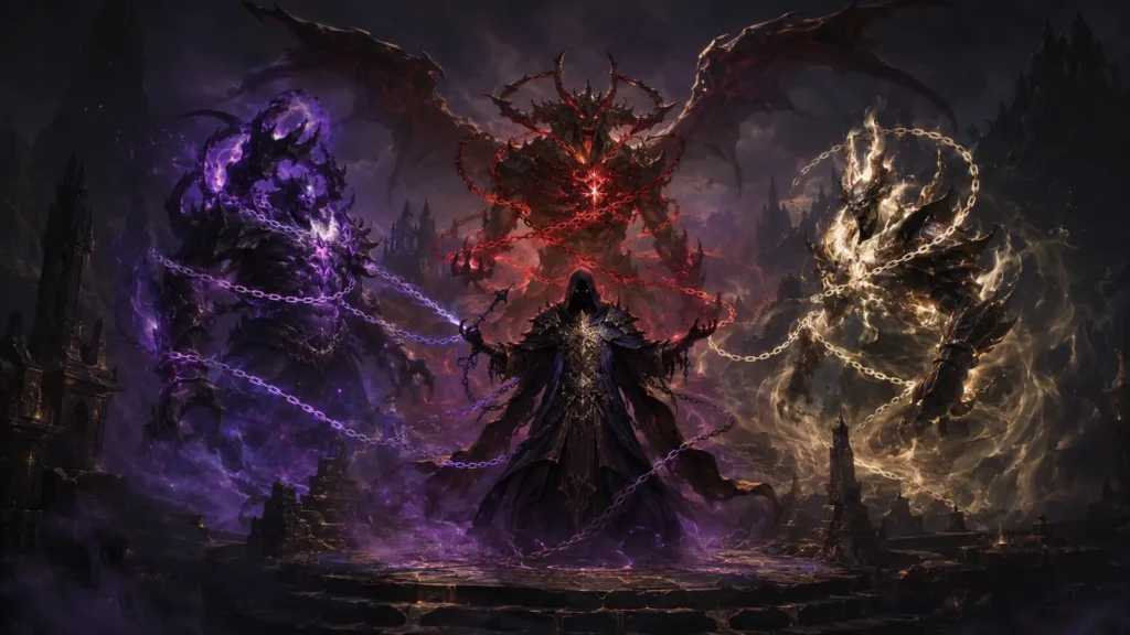 Original illustration for the Reign of the Warlock listing: a scholar binds three demonic silhouettes with coloured magical chains