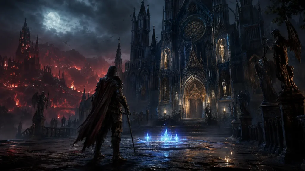 Original illustration for the Diablo II: Resurrected listing: a lone veteran approaches a restored cathedral lit by blue waypoint fire and infernal glow