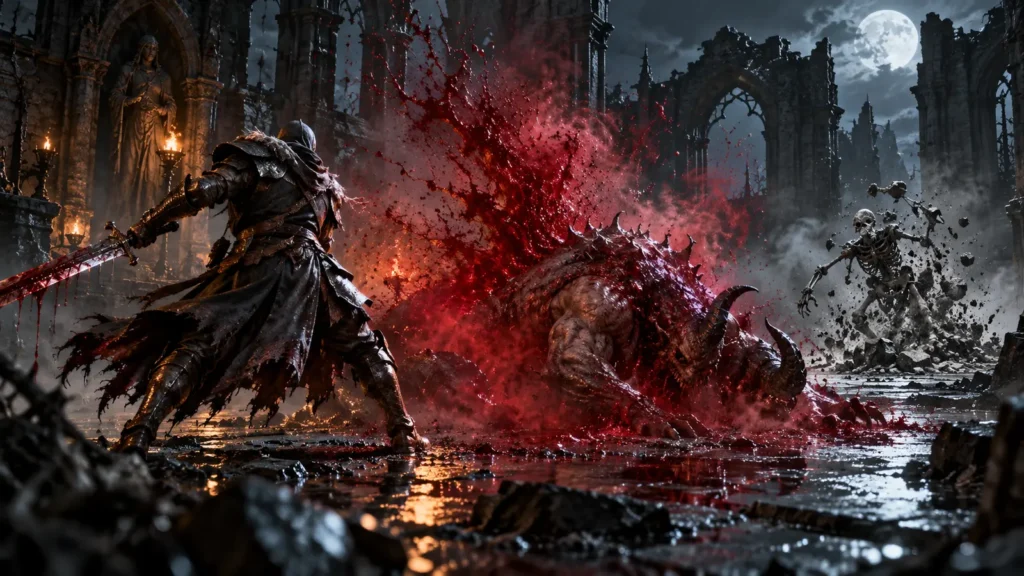A fantasy warrior stands before a collapsing monster surrounded by enhanced crimson blood effects in a ruined crypt.