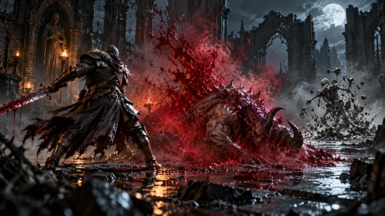 A fantasy warrior stands before a collapsing monster surrounded by enhanced crimson blood effects in a ruined crypt.