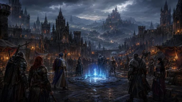Original illustration for the EuropeBattle Legacy listing: adventurers meet at a fortified gothic trade crossroads and waypoint