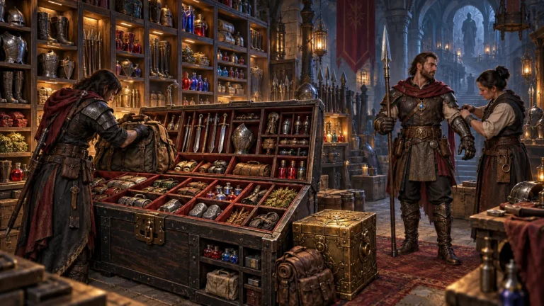 A large compartmentalized stash and deep storage shelves stand beside a fully equipped spear mercenary inside a gothic underground armory.