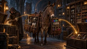 A fantasy pack mule carries sorted weapons, armor, runes, gems, rings, and potions between two separate underground storage chests.
