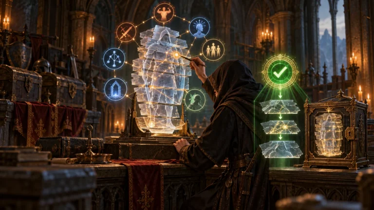 Halbu Editor visualized as a gothic archivist modifying and validating the layered save record of a fantasy character.