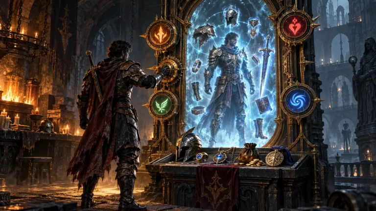 Hero Editor illustrated as a warrior changing attributes, skills, equipment, gold, and quests through an arcane mirror.