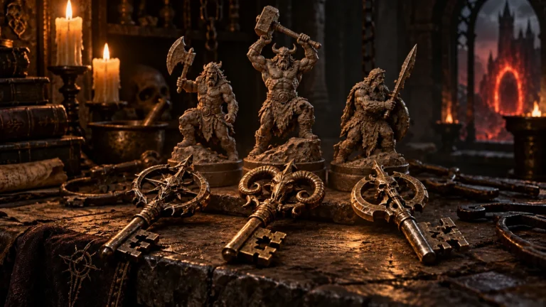 Three ornate Uber keys and ancient warrior statues on a candlelit stone altar, inspired by Diablo II: Resurrected.