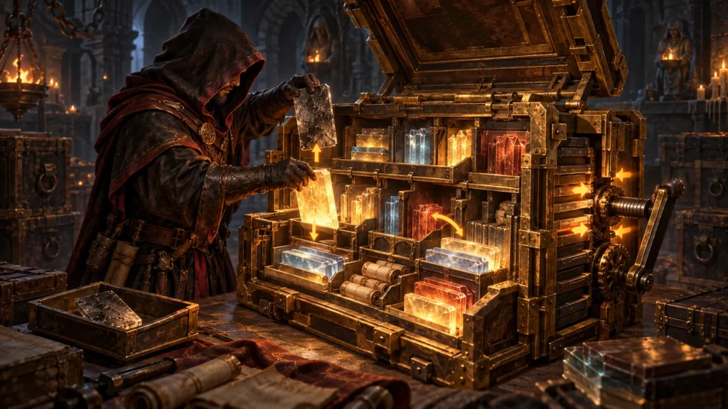 Ladik’s MPQ Editor visualized as a hooded master replacing, removing and reorganizing records inside a mechanical archive chest.