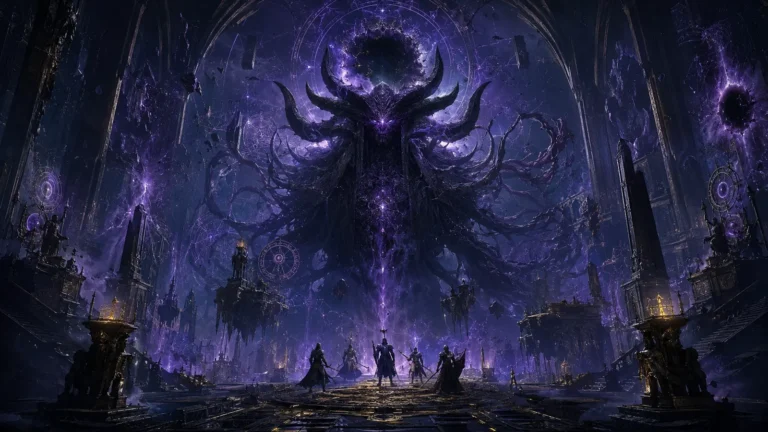 Original illustration for the Median XL listing: a small party confronts a colossal cosmic entity in a vast violet cathedral