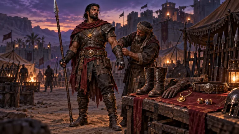 A fantasy mercenary is outfitted with reinforced boots, gloves, a utility belt, an amulet, and two rings inside a fortified desert camp.