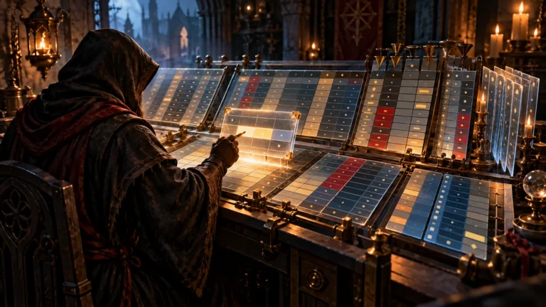 MrSoloz D2R TXT visualized as a hooded artisan navigating organized data panels and editing one enlarged table cell.