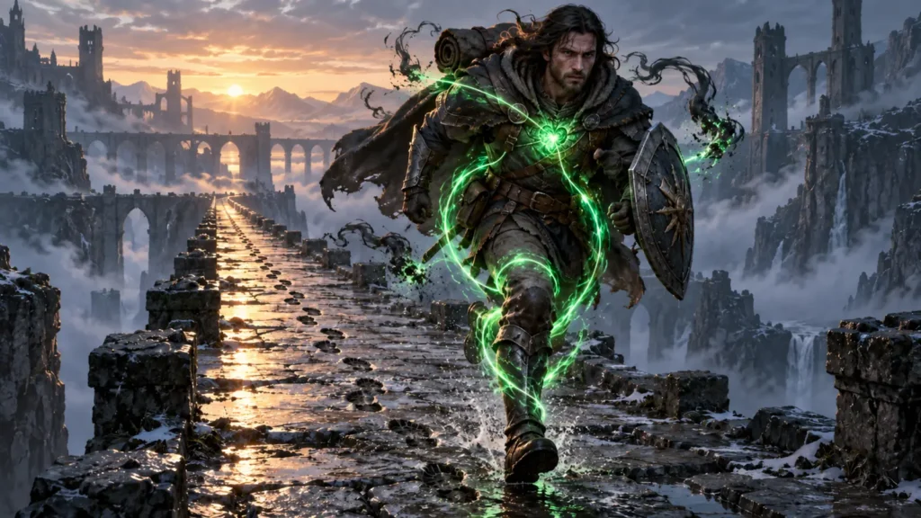 A tireless fantasy adventurer runs along an ancient causeway surrounded by a continuous stream of green energy.