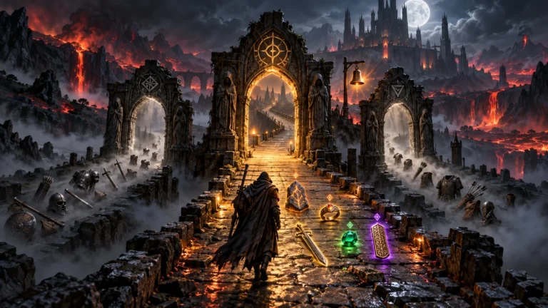 Path of Diablo loot filtering visualized as a gothic road that separates highlighted runes, rings, jewels, charms, and useful equipment from ordinary drops.