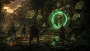Original illustration for the Path of Diablo listing: explorers enter an emerald relic portal in an overgrown jungle temple