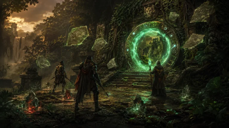 Original illustration for the Path of Diablo listing: explorers enter an emerald relic portal in an overgrown jungle temple