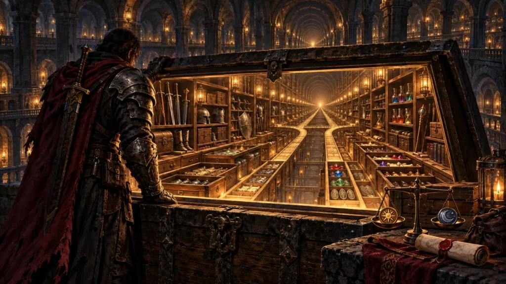 An armored wanderer looks into an enchanted storage chest containing endless rows of organized weapons, armor, gems, potions, and runic stones.