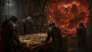 Original illustration for the Project Diablo 2 listing: a guild party studies a transformed map before an endgame portal